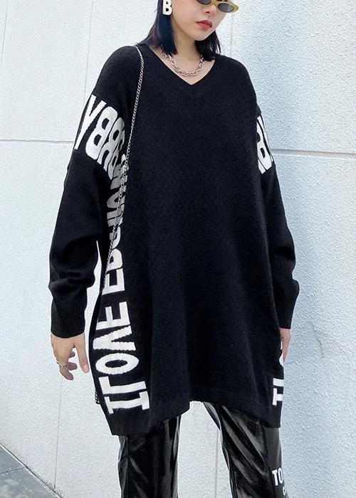 Aesthetic fall black Letter sweaters casual o neck knitted t shirt