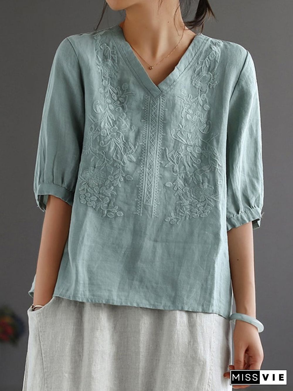 Cotton Embroidered Solid Color Quarter Sleeved Shirt