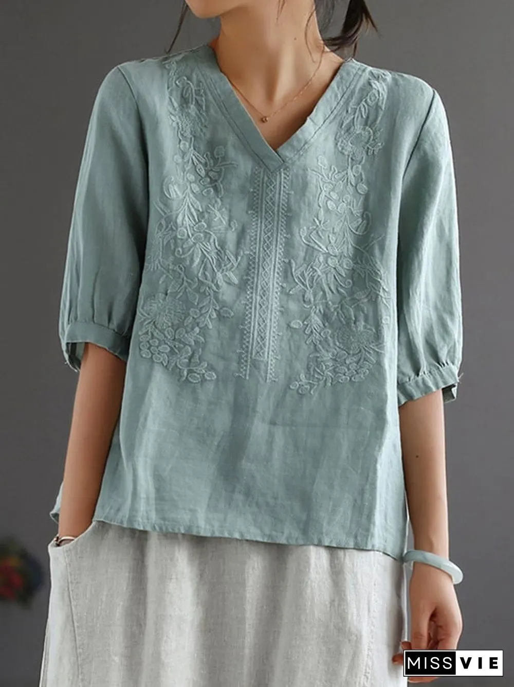 Cotton Embroidered Solid Color Quarter Sleeved Shirt