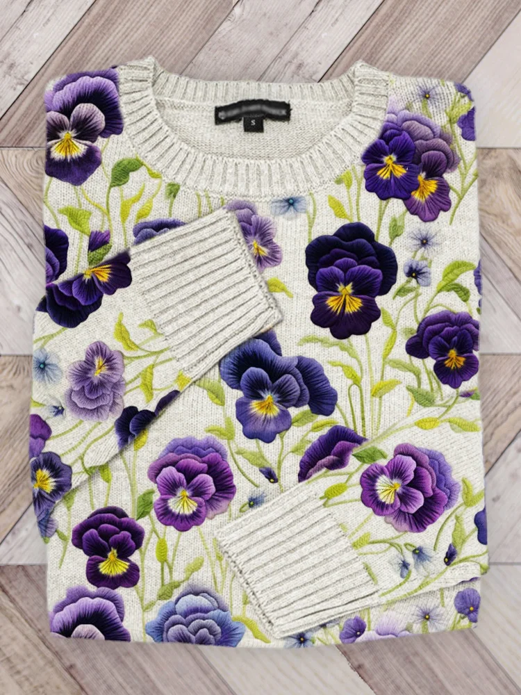 VChics Pansy Floral Embroidery Pattern Knit Sweater
