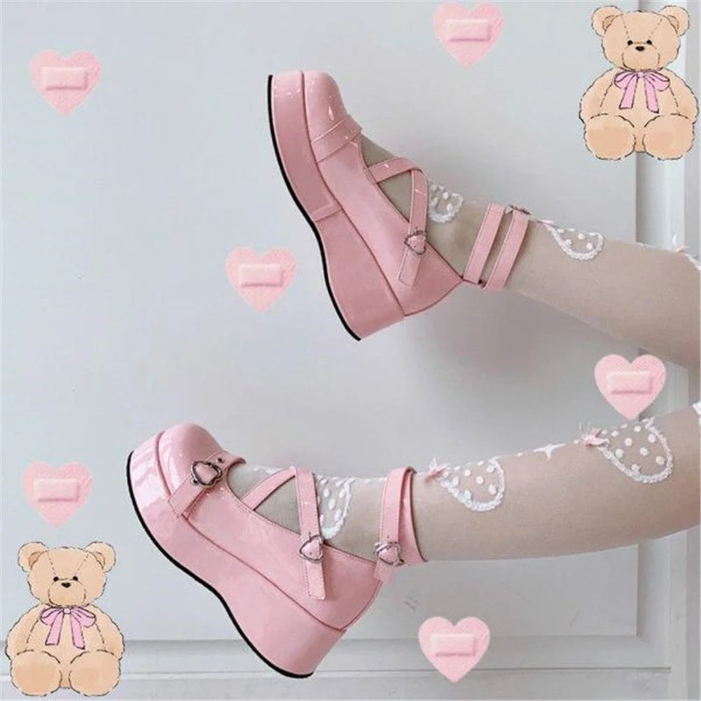 2021 Brand Sweet Lovely Buckles Lolita Mary Janes Cosplay Black Gothic Pink Platform Med Heels Shoes Women Pumps Big Size 43