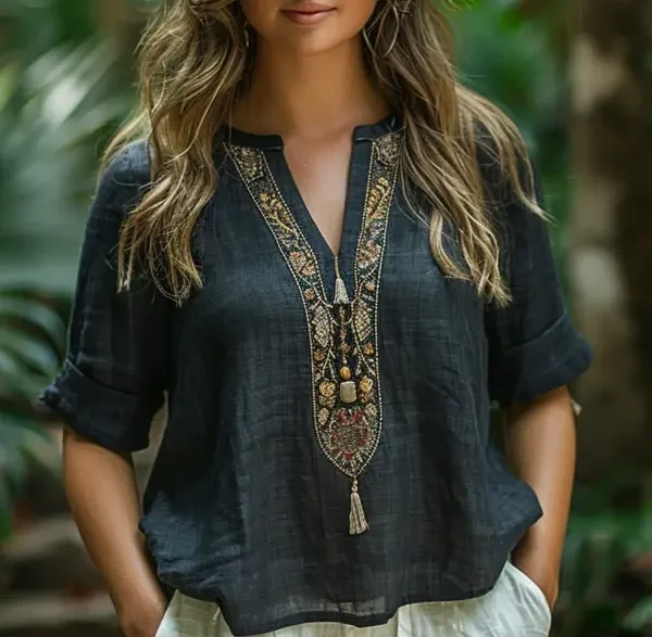 Retro Loose Comfortable And Breathable Ethnic Style Linen V-neck Short-sleeved Top