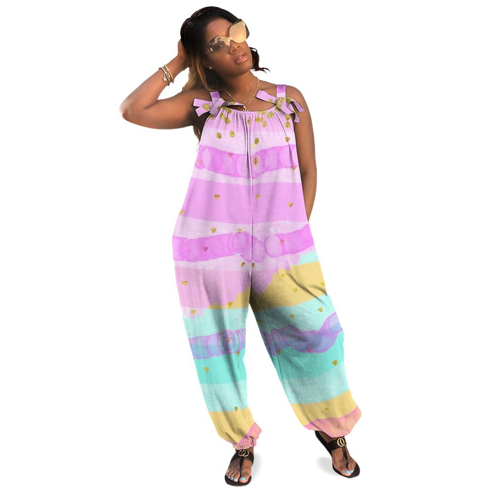 Capri Pastel Alternate Stripes Boho Vintage Loose Overall Corset Jumpsuit Without Top