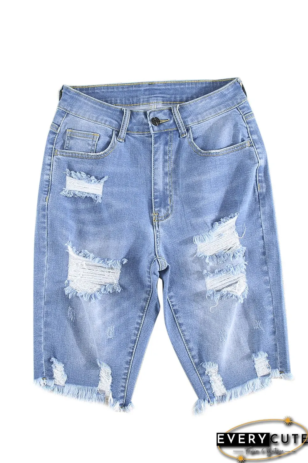 Sky Blue Ripped Tassel Bermuda Jean Shorts