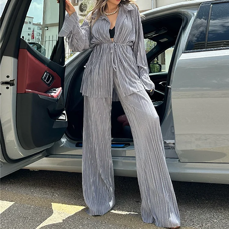 Urban Style Flared Sleeve Top and Wide Leg Pants Suits - yankia