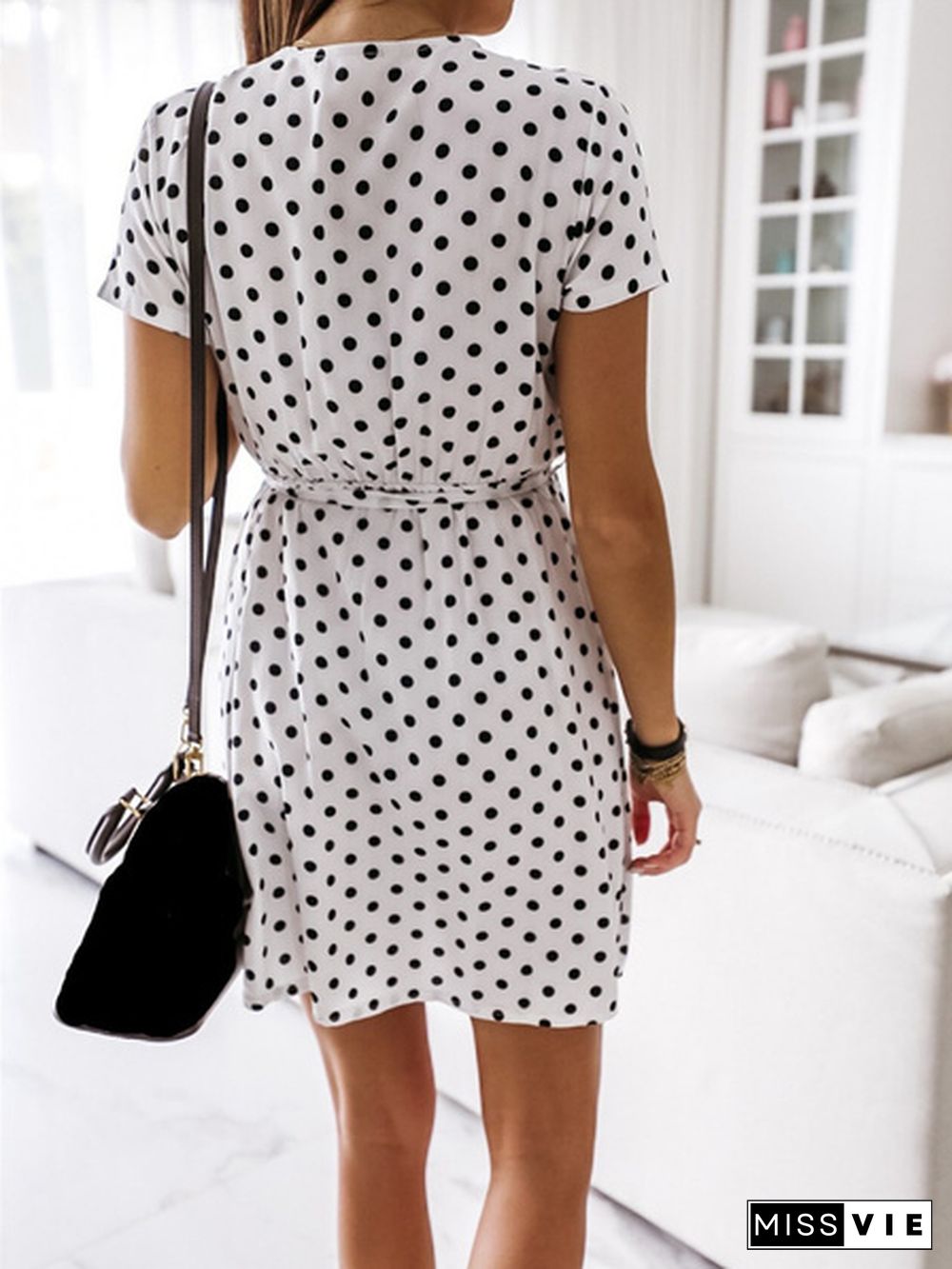 Summer V Neck Polka Dot Boho Dress Bohemian Women Beach Dress Fashion Short Sleeve Casual Mini Dress