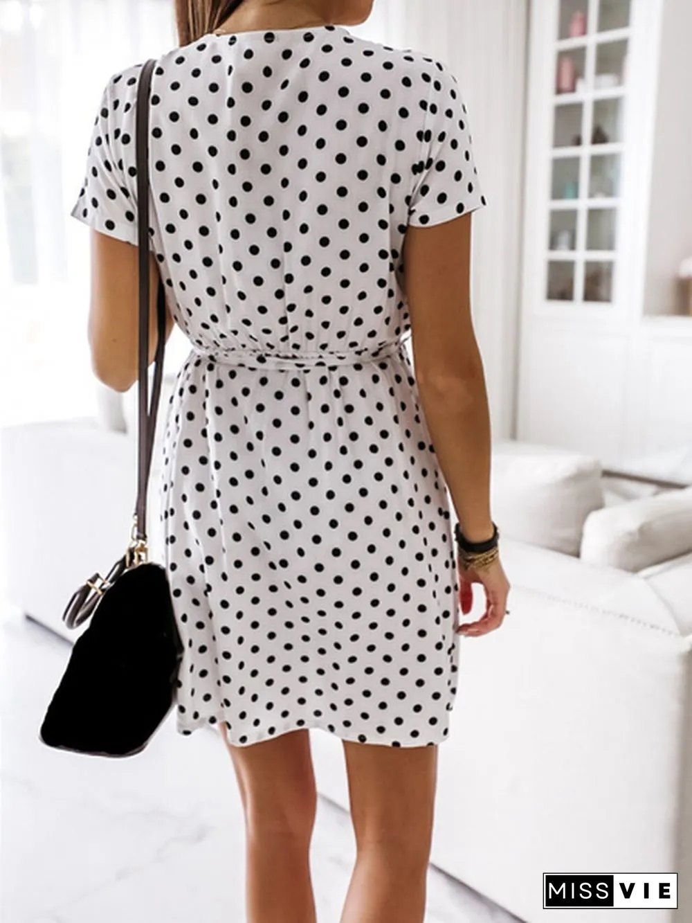 Summer V Neck Polka Dot Boho Dress Bohemian Women Beach Dress Fashion Short Sleeve Casual Mini Dress