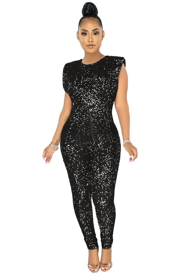 Chic Party Padded Shoulder Sequin Jumpsuit