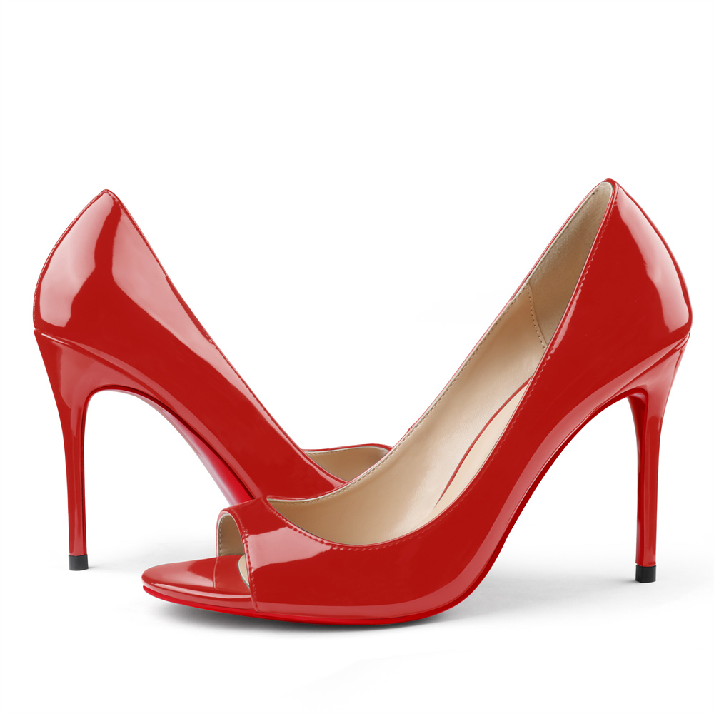 100mm Women's Open Toe Red Bottom Patent Sandals Stilettos-MERUMOTE