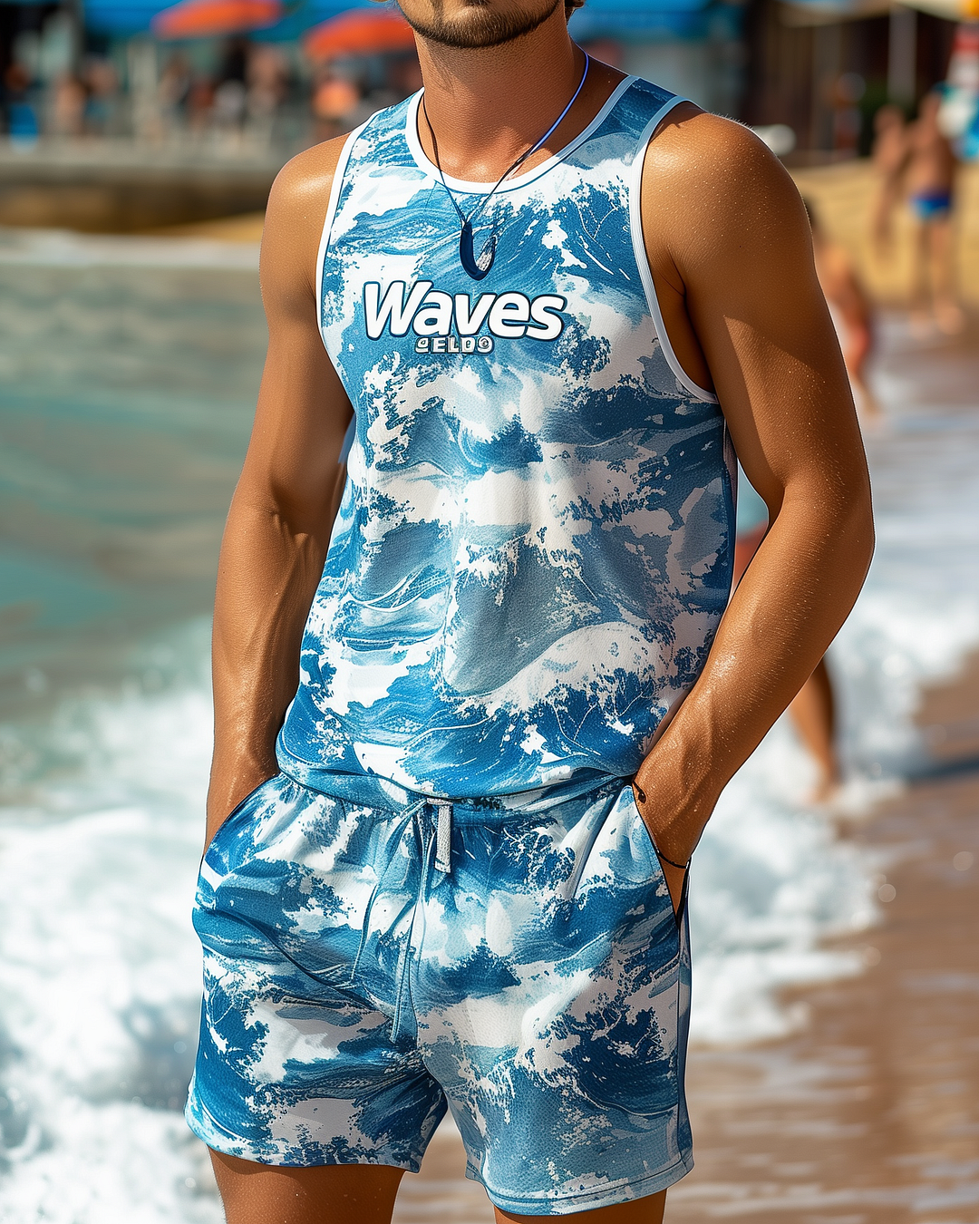 Men's Casual Resort Printed Vest Set 030