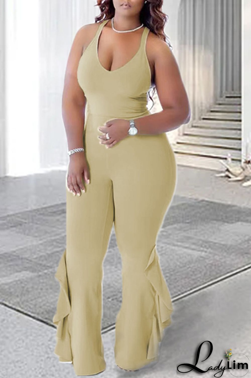 Tangerine Red Casual Solid Patchwork Flounce V Neck Plus Size Jumpsuits