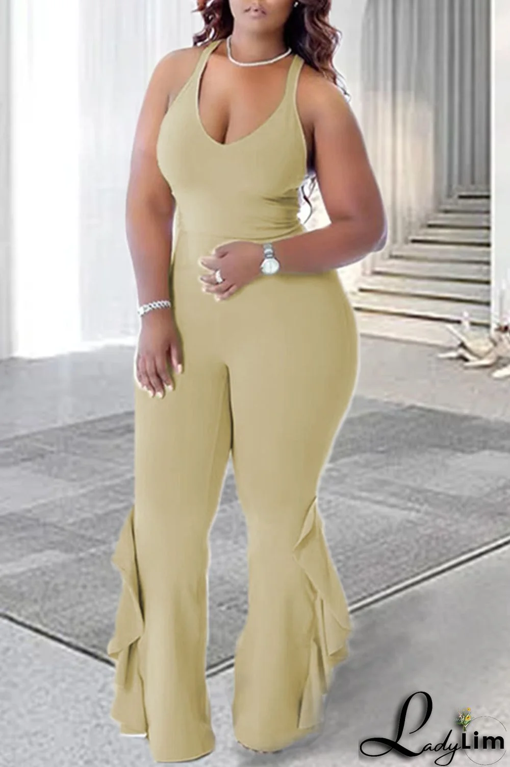 Tangerine Red Casual Solid Patchwork Flounce V Neck Plus Size Jumpsuits