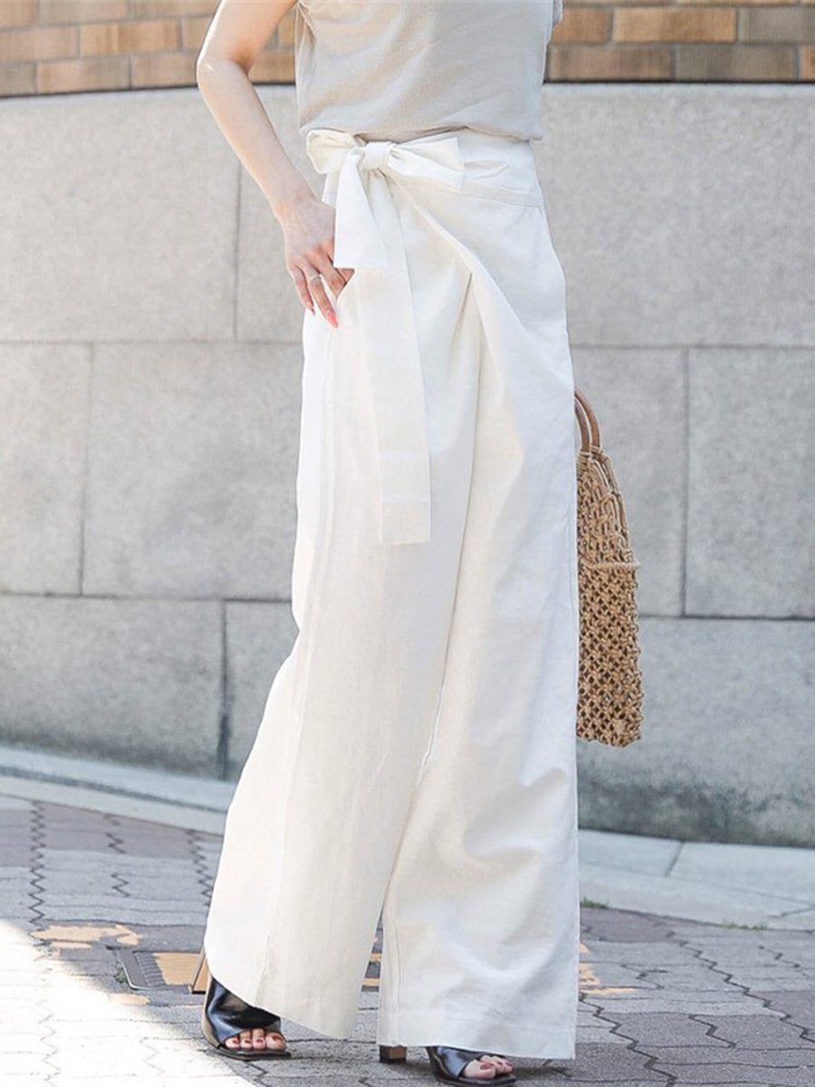 High Waist Lace Up Linen Wide Leg Pants