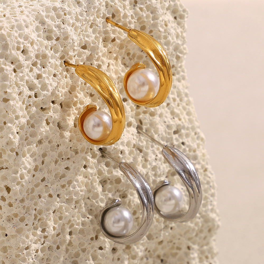 French Exquisite Stainless Steel Plated 18K Gold Curling Wrapped French Pearl Flower Earrings