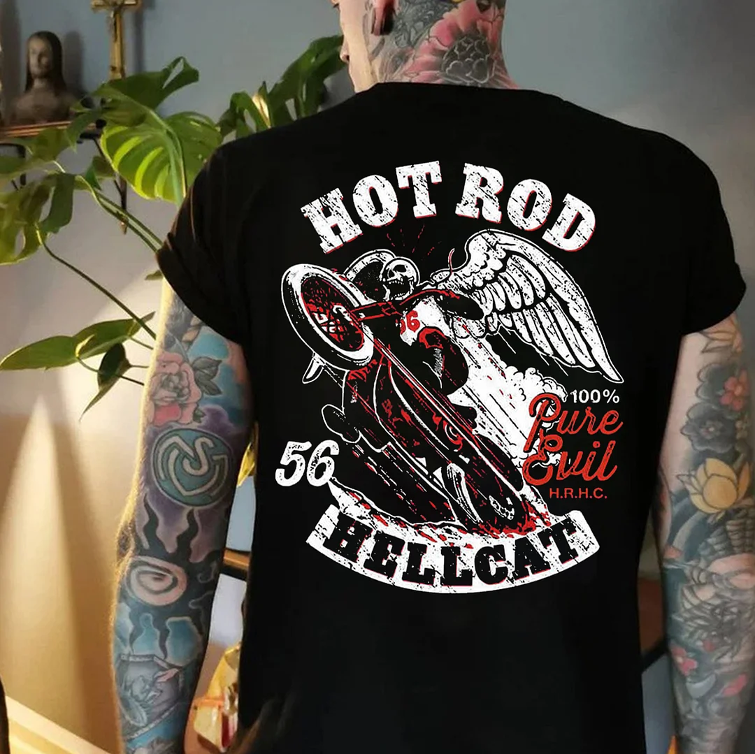HOT ROD HELL CAT Skeleton Motorcyclist Print Men's T-shirt