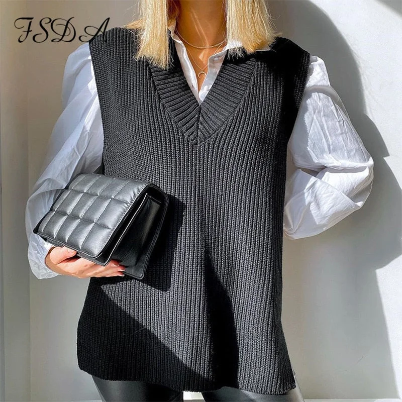Women V Neck Sleeveless Sweater Vest Knitted 2022 Jumper Autumn Winter Split White Korean Preppy Pullover Loose Top Casual