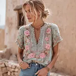 Women's Bohemian Rose Sequin Embroidery Fresh Crew Neck Short Sleeve Top - Image 2