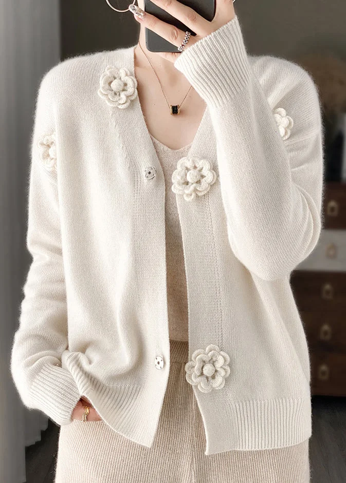 White Floral Embroidery Short Cashmere Knit Cardigan V Neck Spring