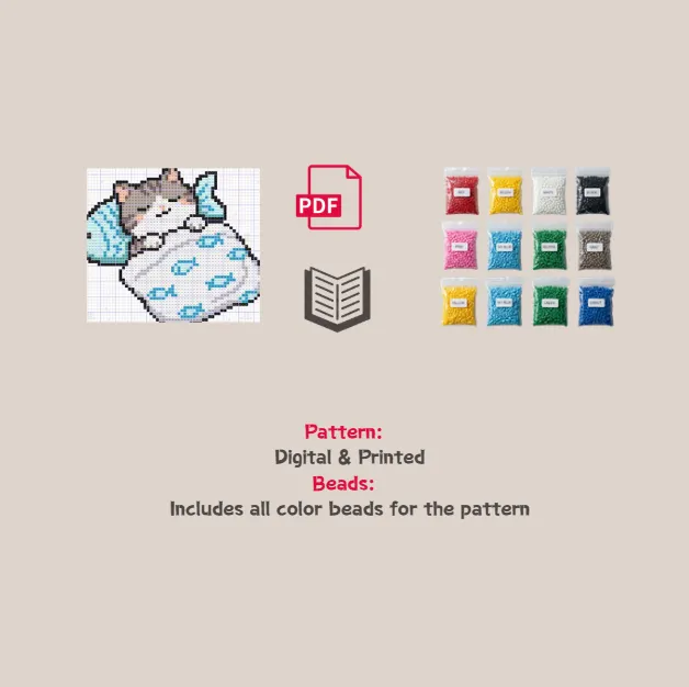 Sleeping Cat in Fish Bed Pixel Pattern Fuse Bead Kit  | Cute DIY Fuse 2072 Beads Set