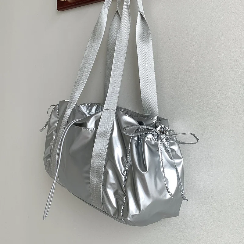 Mongw Mongw Bag Summer Female 2024 Korean Version Draw Rope Belt Mouth Shoulder Bag Large Capacity Advanced Sense Simple Tote Bag