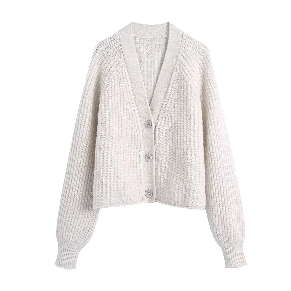TRAF Women Fashion Loose Fitting Purl Knitted Cardigan Sweater Vintage Long Sleeve Button-up Female Outerwear Chic Tops