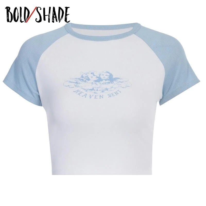 Bold Shade Preppy Style y2k Indie Aesthetic Crop T-shirts Short Sleeve Colorblocking Graphic Print Slim Tees Skater Women Tshirt