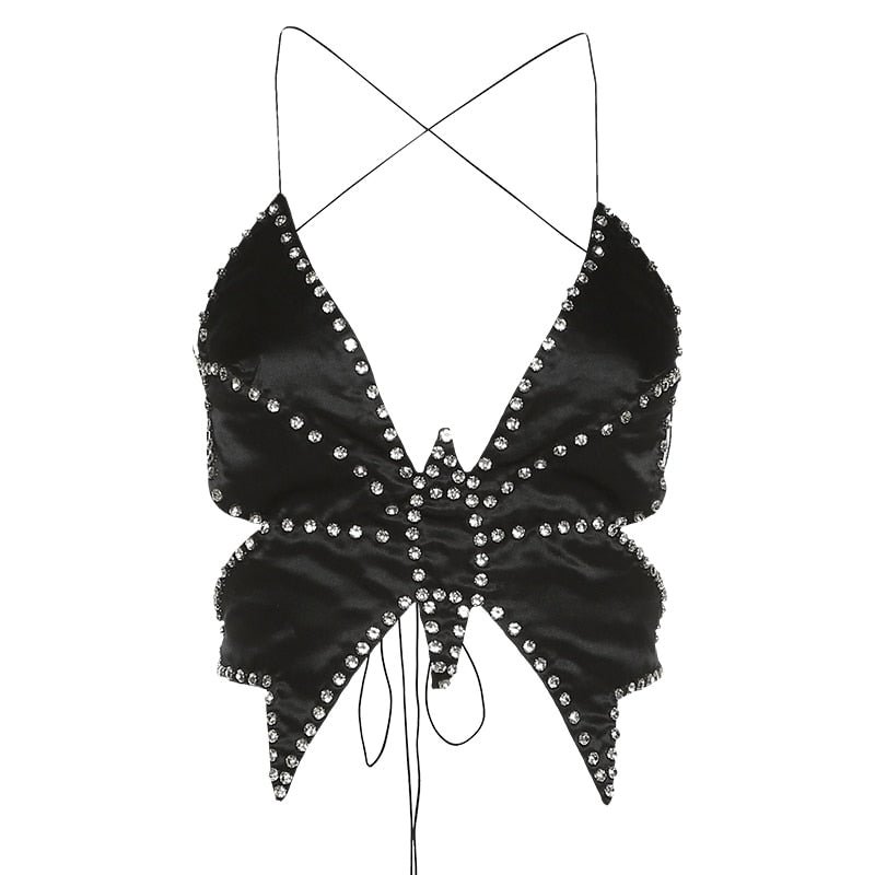 Weird Puss Y2K Bandage Butterfly Camisole Women Rhinestone Patchwork Solid Festival Vest Backless Midnight Party Sexy Tank Top