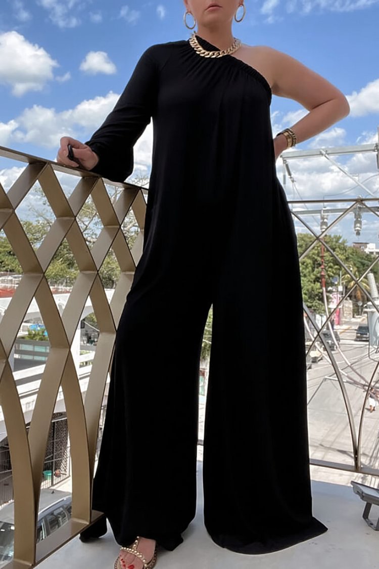Plus Size Black Daily One Shoulder Wide Leg Jumpsuits [Pre-Order]