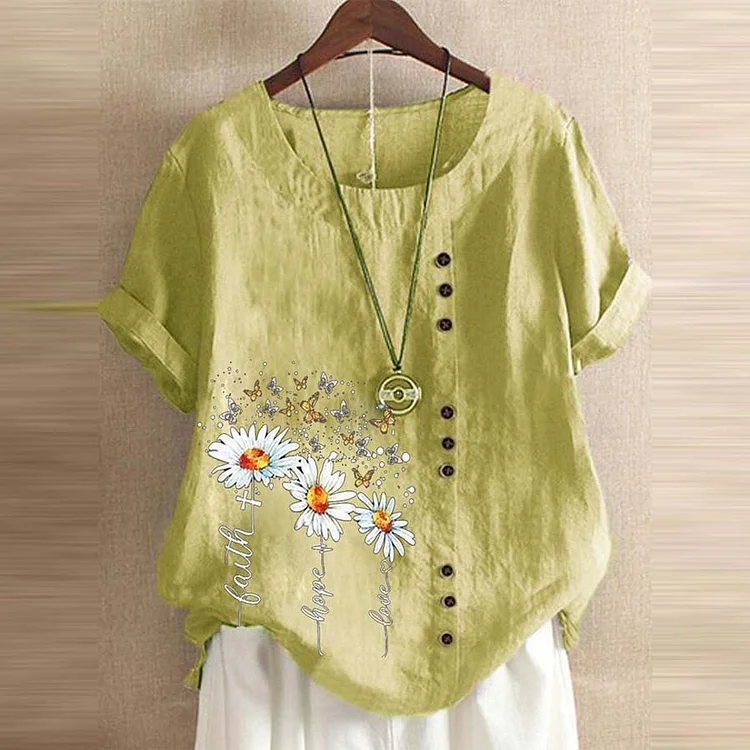 Vintage Cotton Linen Daisy Faith Print Loose Casual Shirt