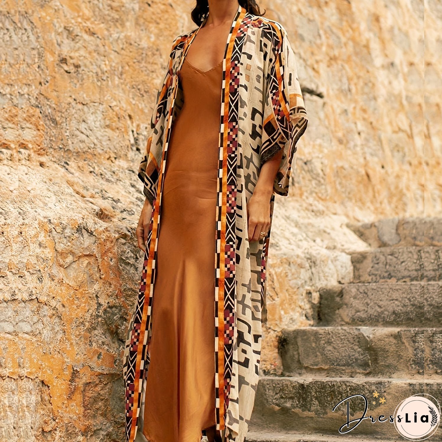 Geo Print Open Front Belted Kimono, Boho Long Sleeve Beachwear Cove Up, Women's Clothing