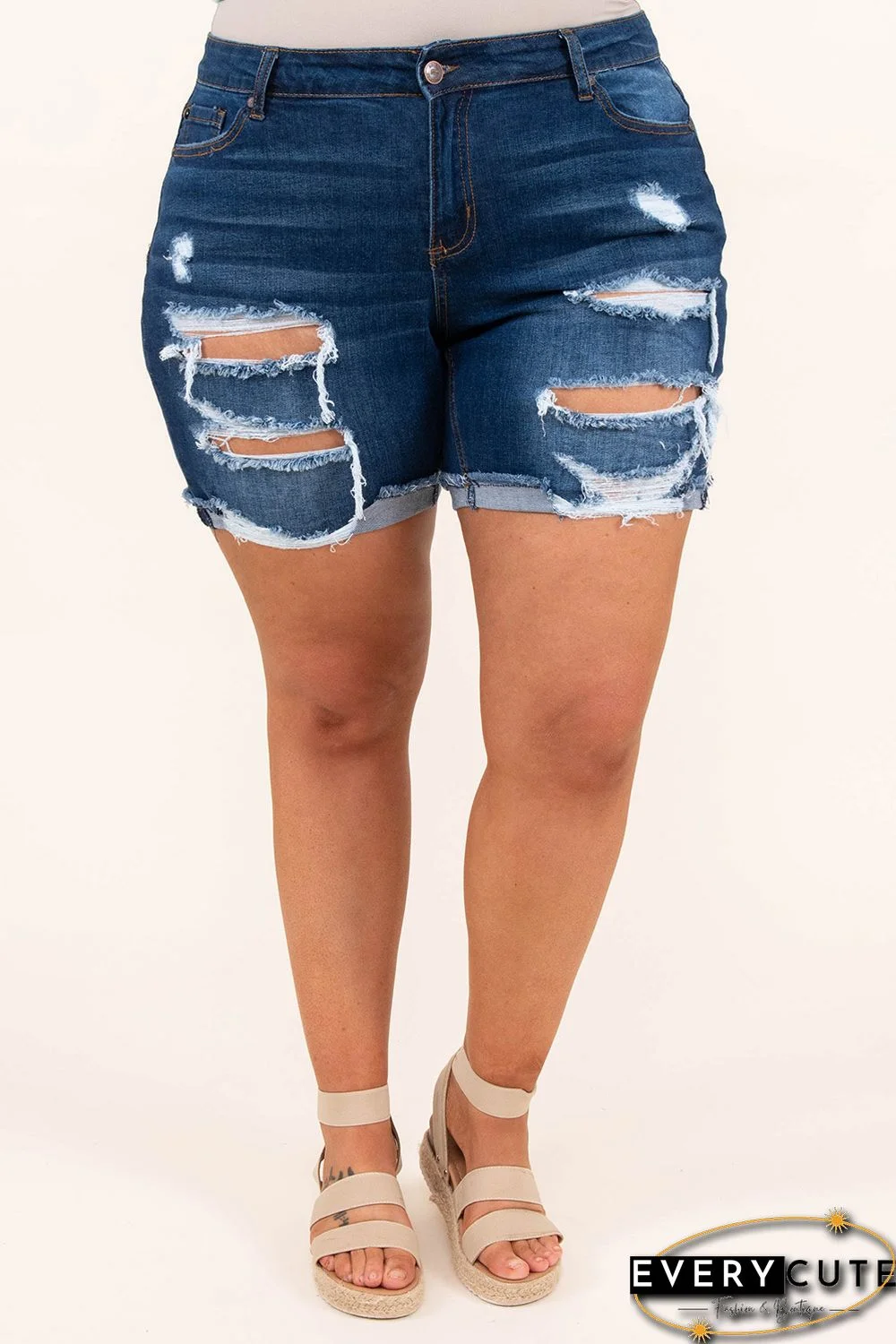 Blue Plus Size Rolled Hem Distressed Denim Shorts