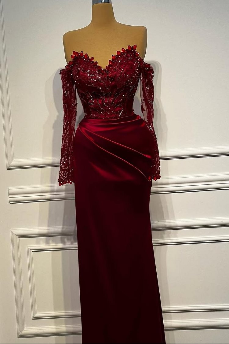 Long Sleeves Strapless Long Mermaid Prom Dress With Beading Pleated XJ0533
