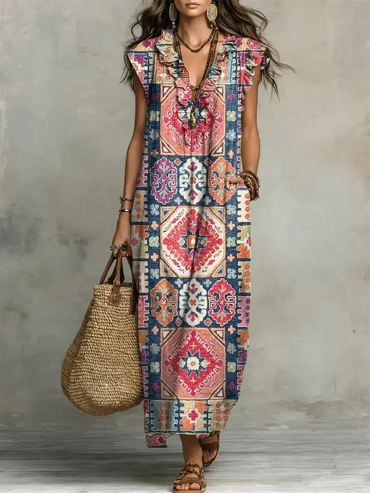 Women's Retro Ethnic Pattern Art Print Casual Ruffled Stylish Cotton Linen Dress
