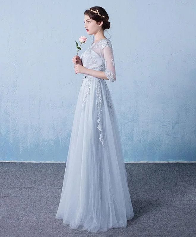 Gray Round Neck Tulle Lace Long Prom Dress, Gray Bridesmaid Dress