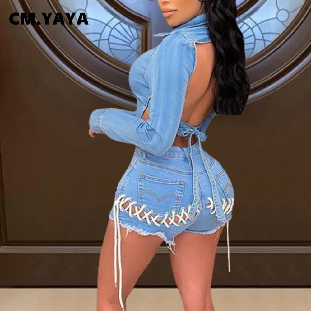 CM.YAYA Women Denim Two 2 Piece Set Classic Backless Crop Tops and Lace Up Shorts Matching Set Outfits Streetwear Jean Tracksuit
