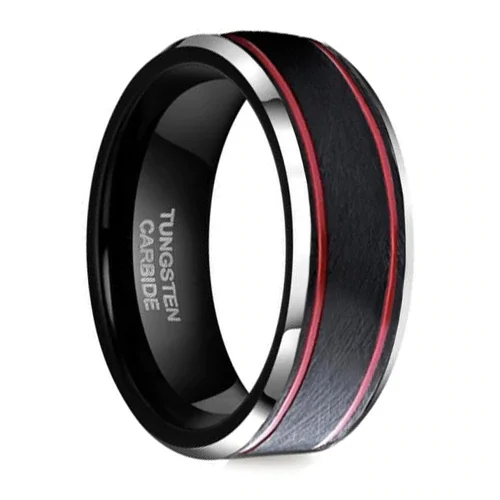 Women's Or Men's Tungsten Carbide Wedding Band Matching Rings,Black Matte Top with Two Red Stripes and Beveled Edges Bands Ring With Mens And Womens For Width 4MM 6MM 8MM 10MM