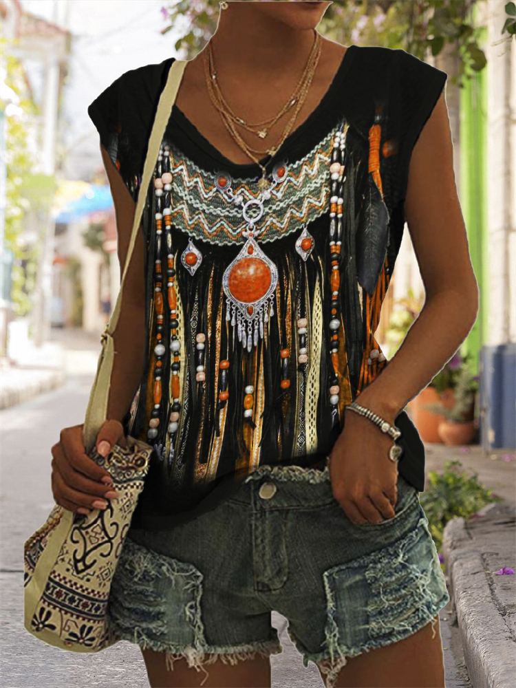  Ethnic Turquoise Beaded Leather Art V Neck Tank Top Westsshops