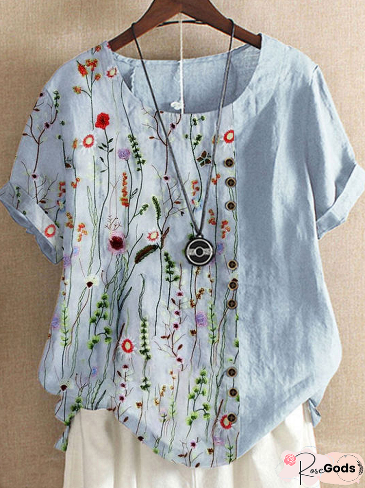 Casual Linen Floral Short Sleeve Tops