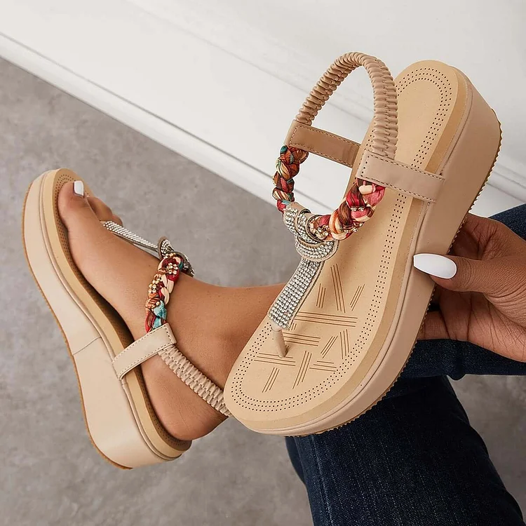 Boho Rhinestone T-Strap Wedges Platform Slingback Sandals