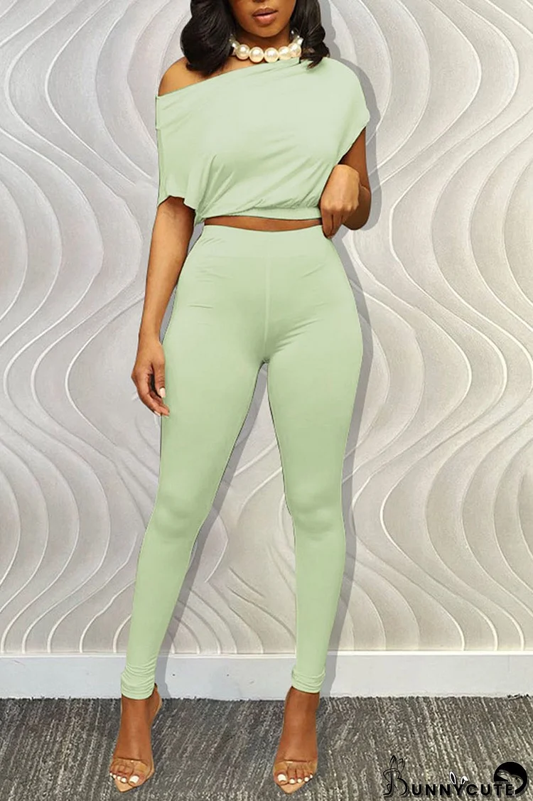 Light Green Casual Solid Split Joint Oblique Collar Short Sleeve Two Pieces