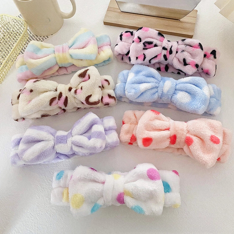 Leopard Stripe Bow Hair Band Women’s Face Washing Sports Hair Band Coral Fleece Hair Accessories