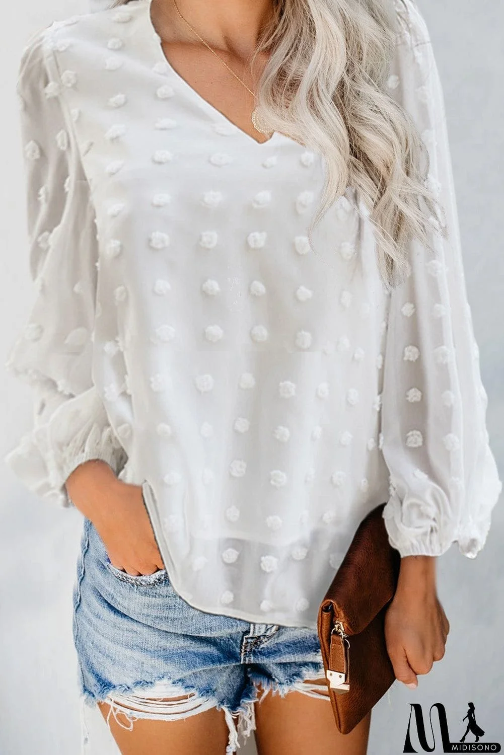 MidiSono - Swiss Dot Bubble Sleeve Blouse
