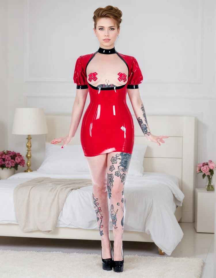 Women Red Latex Puff Sleeve Open Chest/Butt Dress 