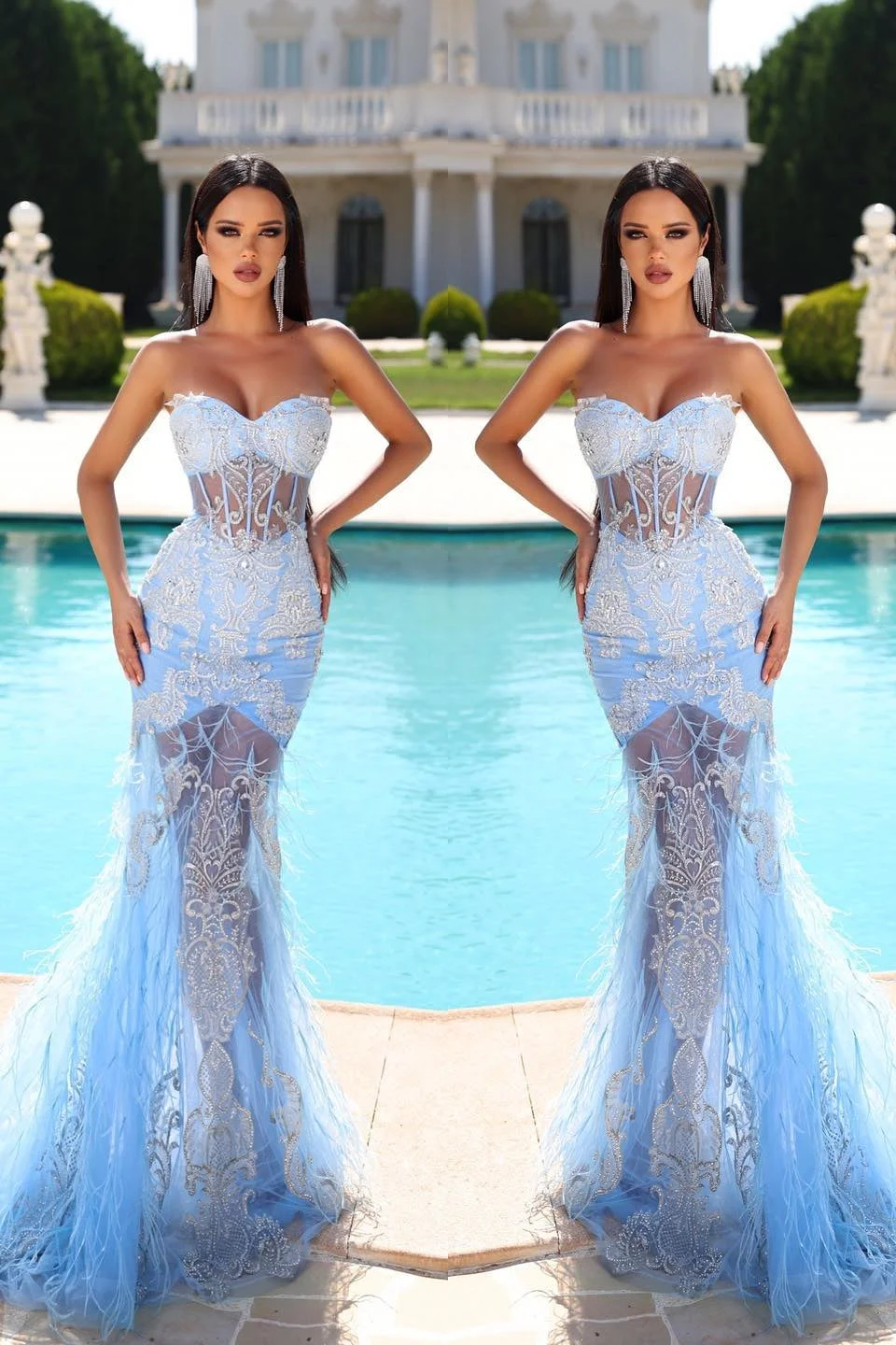 Bellasprom Sky Blue Sweetheart Mermaid Prom Dress With Lace Appliques Feathers