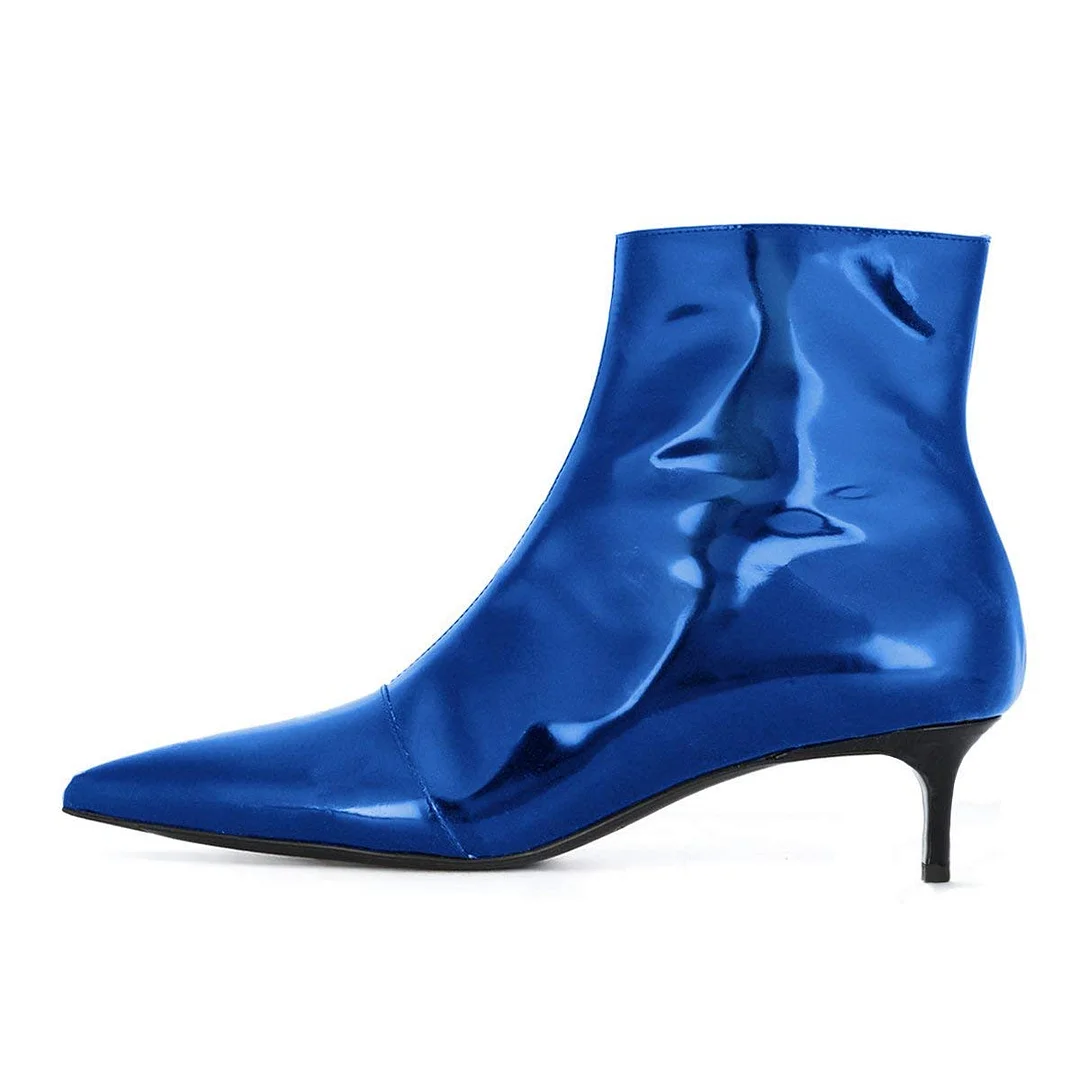 Blue Patent Leather Pointed Toe Kitten Heel Booties for Women