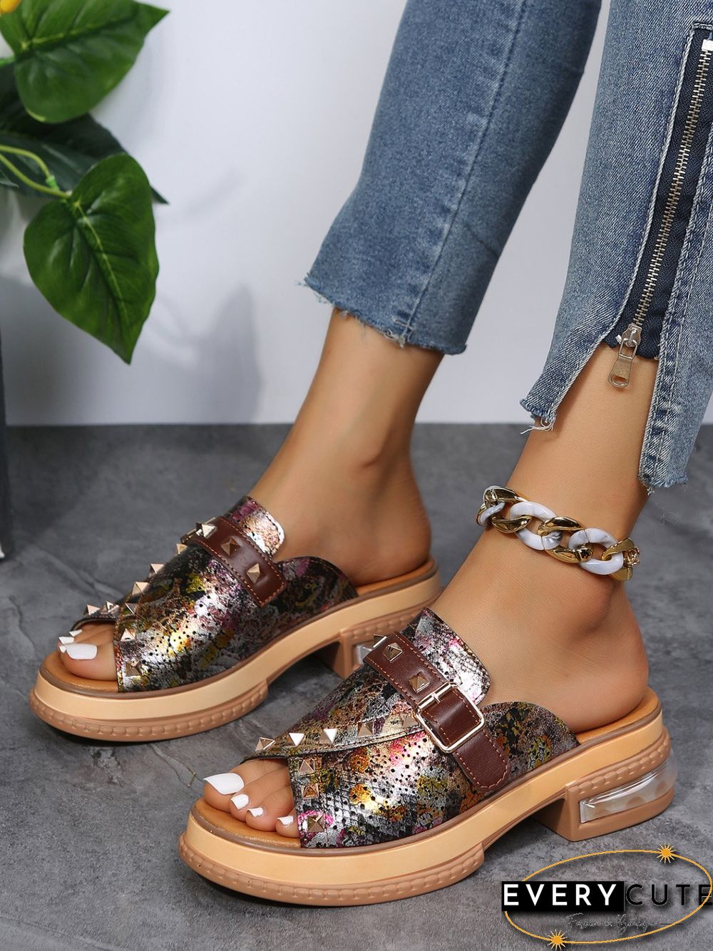 Urban Studded Snake Print Chunky Heel Slippers