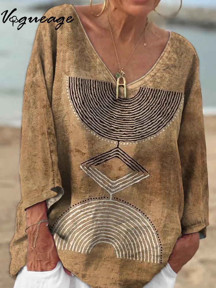 Simple Casual Creative Symmetrical Pattern 3/4 Sleeves Printed Cotton And Linen Shirt