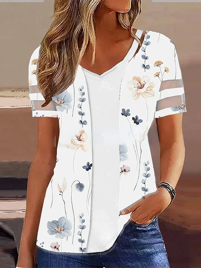 V-neck Printed Casual Short Sleeves