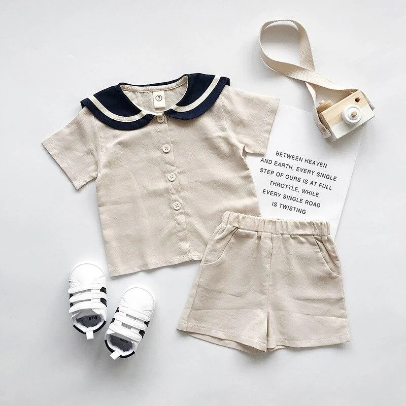 Navy Style Summer Clothes for Boys Girls Outfit Cotton T-Shirt + Shorts 2PCS Baby Kids Elastic Waist Dress Solid 2 3 4 5 6 Years