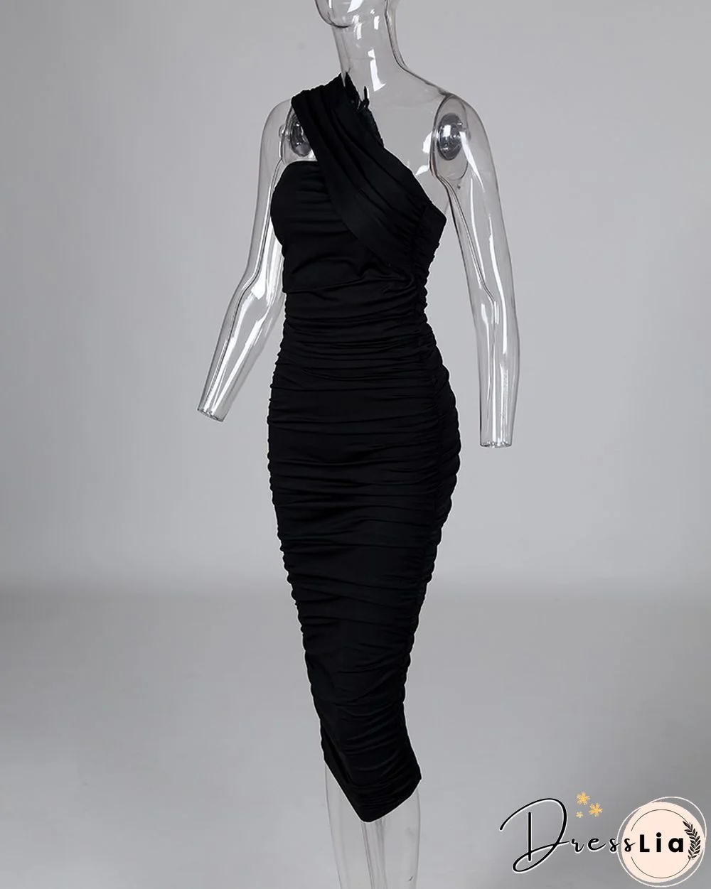 One Shoulder Sleeveless Ruched Bodycon Dress